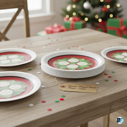 Blume-Form auf dunkelrot mit Border & Blätter Pappteller