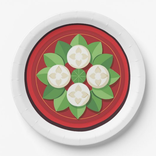 Blume-Form auf dunkelrot mit Border & Blätter Pappteller (Vorderseite)