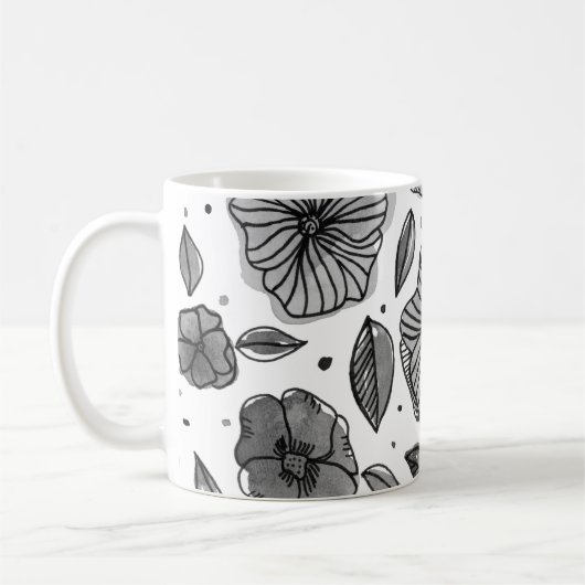 Blume für Aquarell und Tinte - Schwarzweiß Kaffeetasse (Links)