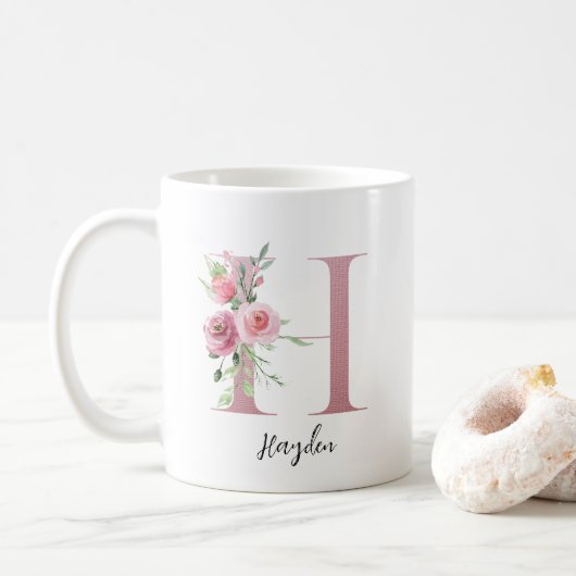 Blume für Aquarellfarben Monogramm Rosa H Individu Kaffeetasse (Mit Donut)