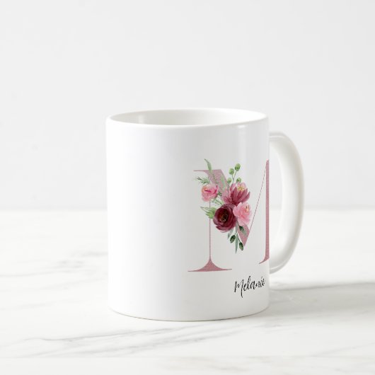 Blume für Aquarellfarben Monogramm Rosa M Individu Kaffeetasse (VorderseiteRechts)