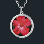 Blume für den roten Hibiskus in Rot Versilberte Kette<br><div class="desc">Wunderschönes Foto einer Blume in Rosa Rot Hibiskus auf Schwarz von der Künstlerin Sandra Marie Closs. Fügen Sie Ihren eigenen Text, Namen oder Monogramm hinzu, um das perfekte Produkt für jeden Anlass zu erstellen. Hochzeit, Brautparty Garten Party, Beileid , Geburtstag, Babydusche, jede Feier oder nur um Ihren Tag ein wenig...</div>