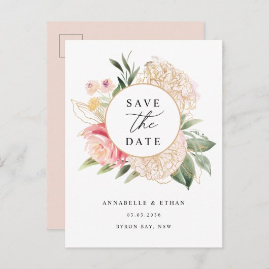 Blume für Erdnüsse und Gold Save the Date Postkarte (Vorne/Hinten)
