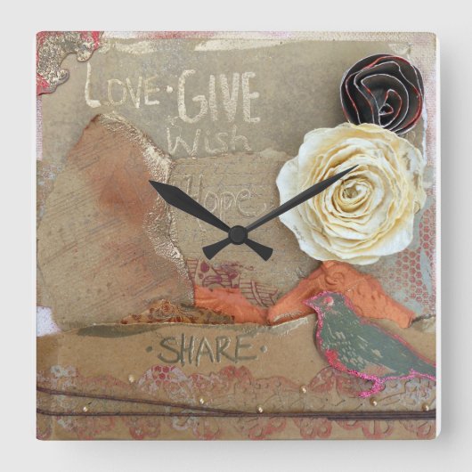 Blume für Mixed-Media-Kunstangebote Quadratische Wanduhr (Vorderseite)