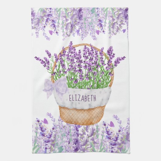 Blume für Monogramm Name Lavender-Aktionskorb Grün Geschirrtuch (Vertikal)