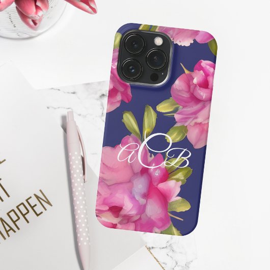 Blume für Monogramm, Rosa und Navy iPhone Hülle