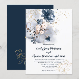 Blume für Navy Blue, Peach und Gold Watercolor Einladung