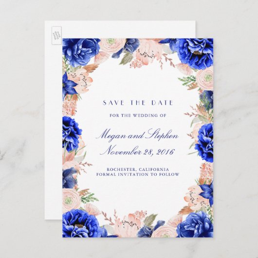 Blume für Navy und Rosa Wasserfarben Save the Date Ankündigungspostkarte (Vorne/Hinten)