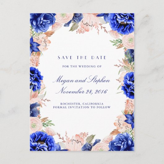 Blume für Navy und Rosa Wasserfarben Save the Date Ankündigungspostkarte (Vorderseite)
