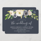 Blume für Navy und White Watercolor Moderne Hochze Einladung (Vorne/Hinten)