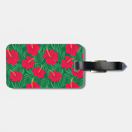 Blume für Rote Hibiskus auf tropischen Blätter Gepäckanhänger (Rückseite horizontal)