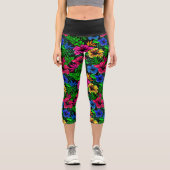 Blume für tropisch rosa, blau-gelbe Hibisken Capri Leggings (Vorderseite)