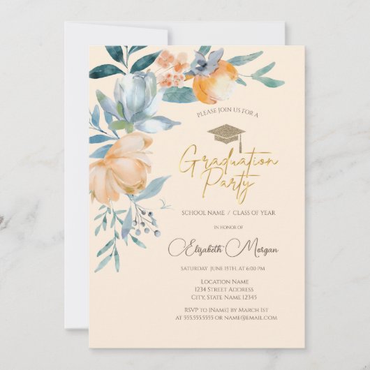 Blume für Wasserfarben Cream Graduation Party Einladung (Vorderseite)