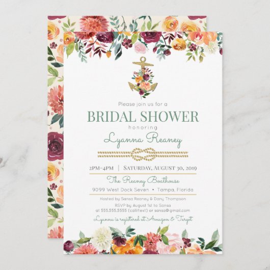 Blume für Wasserfarben Nautisches Brautparty Einladung (Vorne/Hinten)