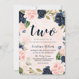 Blume für Wasserfarbenfrohe Navy Blush 2. Geburtst Einladung