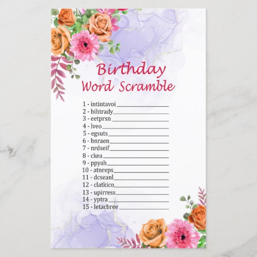 Blume Geburtstag Word Scramble Game (Vorderseite)