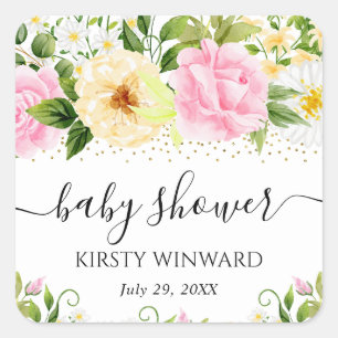 Blume Gelb und Rosa Wasserfarbe Kinderdusche Quadratischer Aufkleber