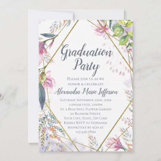 Blume Geometric Gold Girls Abschluss Einladung (Vorderseite)