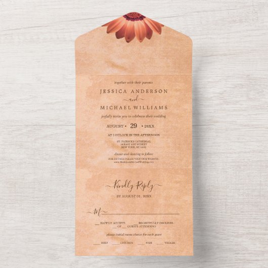 Blume Gerbera auf der Abstrakten Pfirsichhochzeit All In One Einladung (Innen Boden)