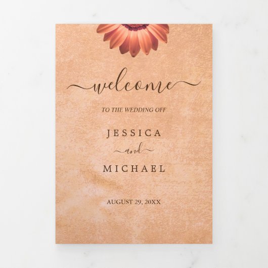 Blume Gerbera auf der Abstrakten Pfirsichhochzeit Dreifach-gefaltete Programmkarte (Cover)