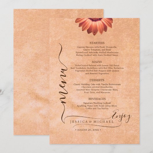 Blume Gerbera auf der Abstrakten Pfirsichhochzeit Menükarte (Vorne/Hinten)