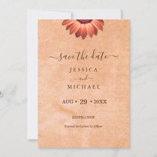 Blume Gerbera auf der Abstrakten Pfirsichhochzeit Save The Date (Vorderseite)