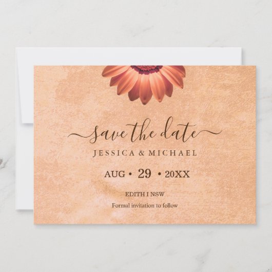 Blume Gerbera auf der Abstrakten Pfirsichhochzeit Save The Date (Vorderseite)