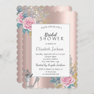 Blume, Glitzer High Heels Rose Gold Brautparty Einladung