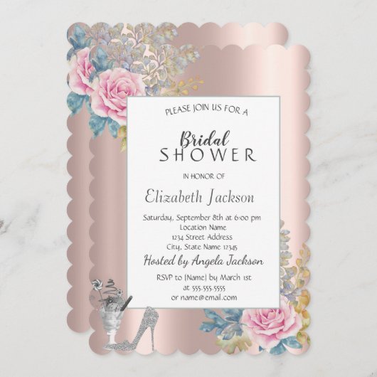 Blume, Glitzer High Heels Rose Gold Brautparty Einladung (Vorne/Hinten)