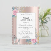 Blume, Glitzer High Heels Rose Gold Brautparty Einladung (Stehend Vorderseite)