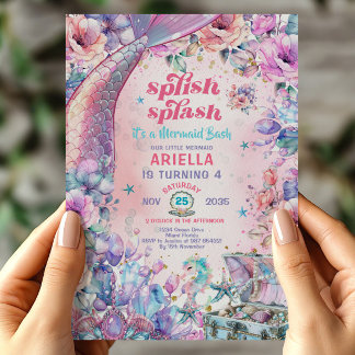 Blume Glitzer Meerjungfrau Schwanz Rosa und Lila Einladung