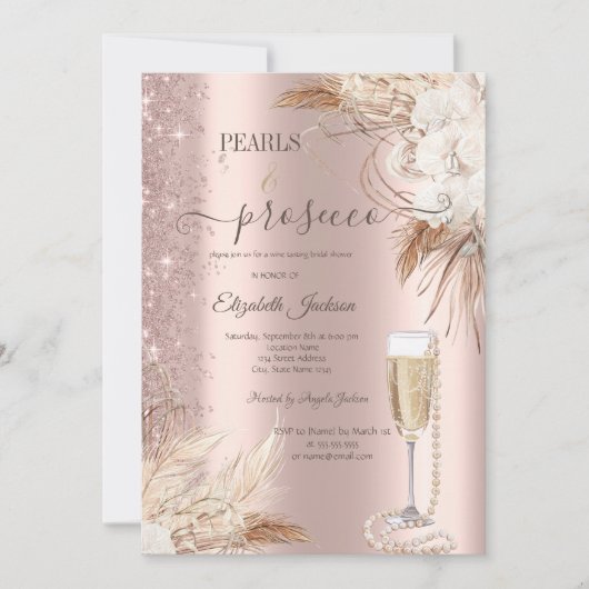 Blume Glitzer Perlen & Prosecco Brautparty Einladung (Vorderseite)