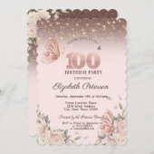 Blume Glitzer Schmetterlinge 100. Geburtstag Einladung (Vorne/Hinten)
