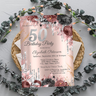 Blume Glitzer Tropfen Rose Gold 50. Geburtstag Einladung