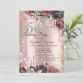 Blume Glitzer Tropfen Rose Gold 50. Geburtstag Einladung (Stehend Vorderseite)
