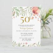 Blume & Gold 50. Geburtstagsparty Einladung (Stehend Vorderseite)