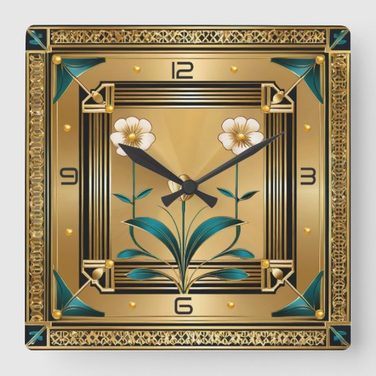 Blume Gold Art Deco Quadratische Wanduhr (Vorderseite)