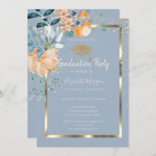 Blume Gold Grad Cap Dusty Blue Abschluss Einladung (Vorne/Hinten)