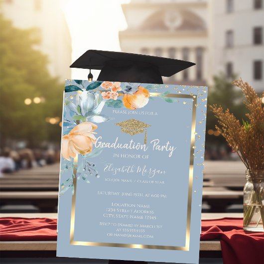 Blume Gold Grad Cap Dusty Blue Abschluss Einladung