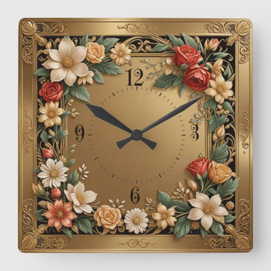 Blume Gold Quadratische Wanduhr (Vorderseite)