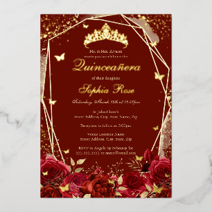 Blume Gold Red Tiara Quinceanera Folieneinladung