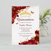 Blume Gold Roter Schmetterling Elegantes Quinceane Folieneinladung (Stehend vorne)