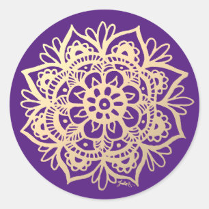 Blume Gold und Violet Mandala Runder Aufkleber