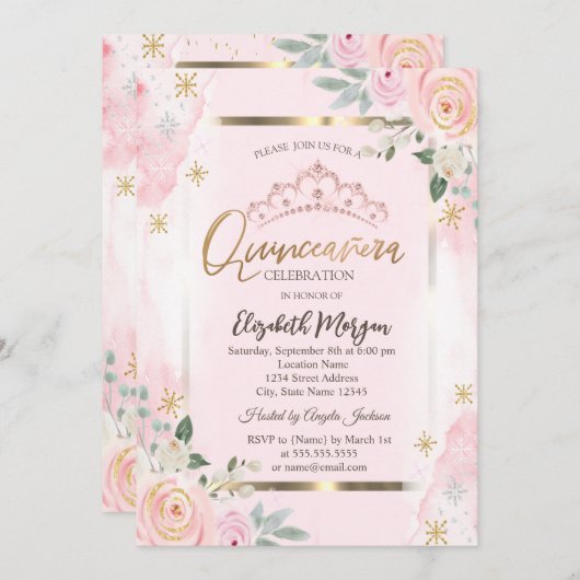 Blume Goldrahmen Roses Quinceañera Einladung (Vorne/Hinten)