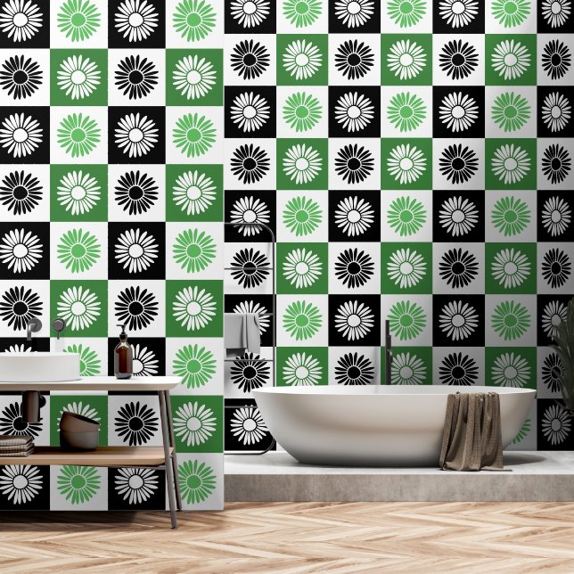 Blume Grün, Schwarz und Weiß Tapete (Badezimmer)