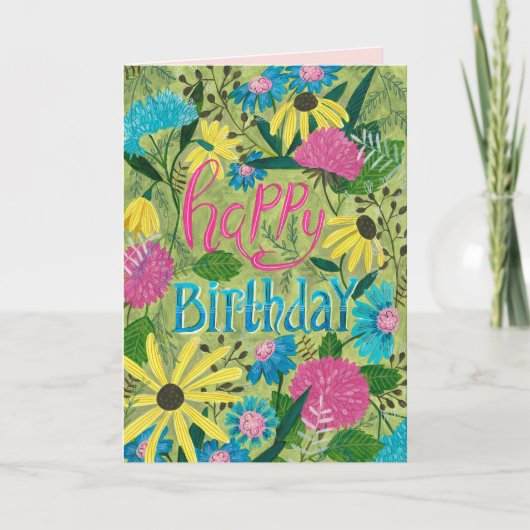 Blume grün und rosa Blumenfröhlichkeit Geburtstag Karte (Vorderseite)