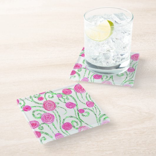 Blume grün und rosa glasuntersetzer (Schrägansicht)