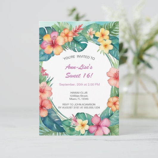 Blume Hawaii Geburtstag Einladung (Stehend Vorderseite)