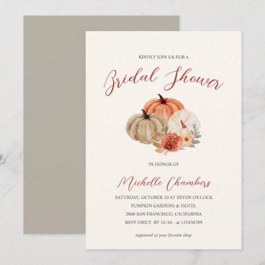 Blume Herbst Pumpkins Elegantes Brautparty Einladung (Vorne/Hinten)