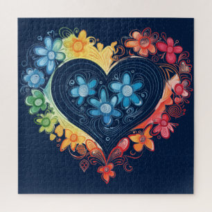 Blume Herz Dunkles blaues Puzzle